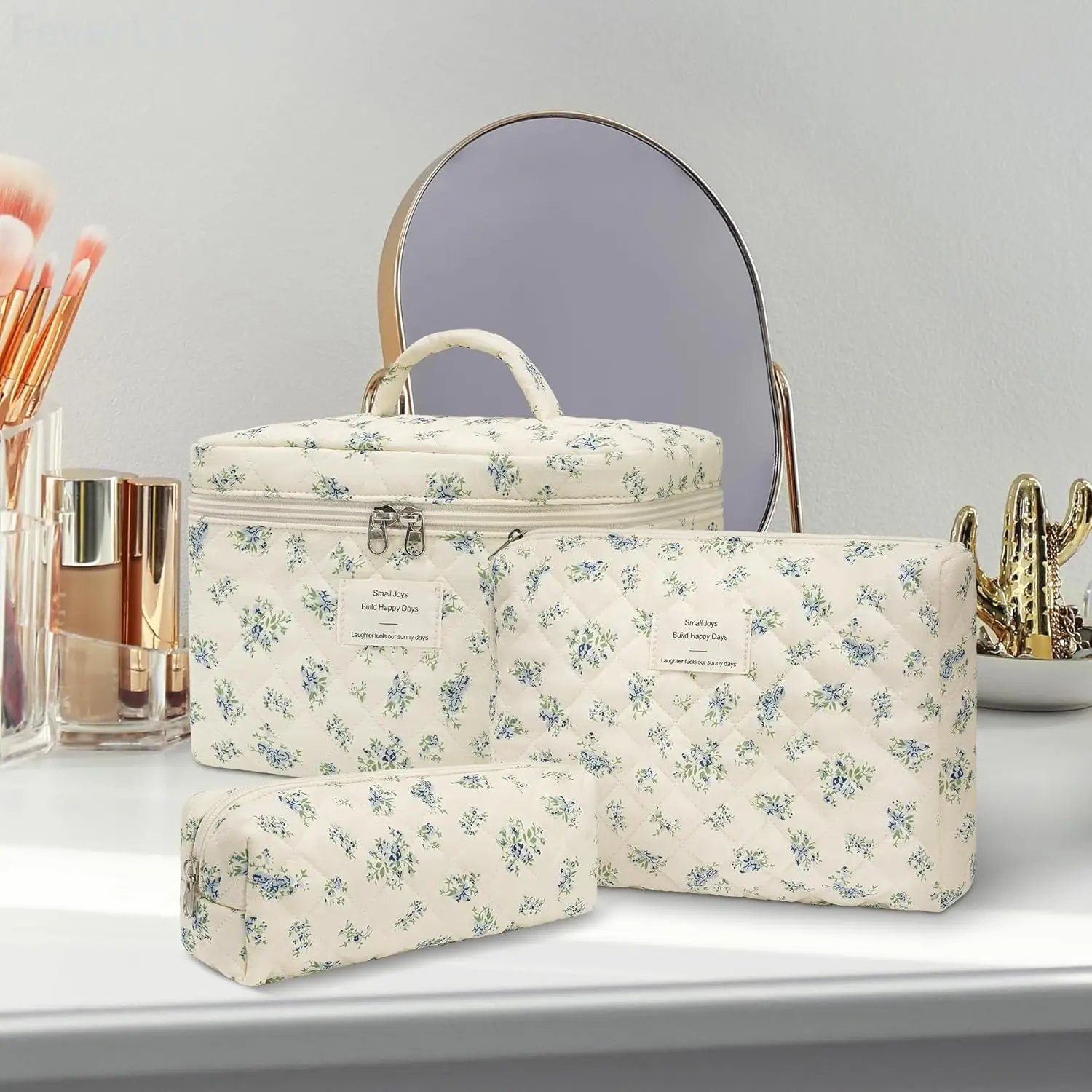FeverLZong Padded Cotton Cosmetic Bag Set Cute Makeup Bag for Women Travel Cosmetic Bags Quilted  Aesthetic Floral Toiletry Organizer Bag(3 Pcs) Durable
