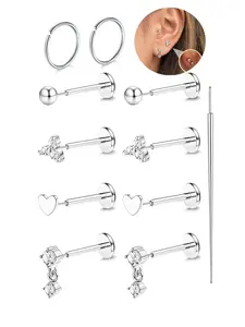 Threadless Flat Back Earrings Studs, Stainless Steel Push in Nose Studs Rings, Hypoallergenic Body Piercing Jewelry Set for Women & Girls, Non Tarnish Jewelry, Septum Jewelry, Nose Piercings Kit