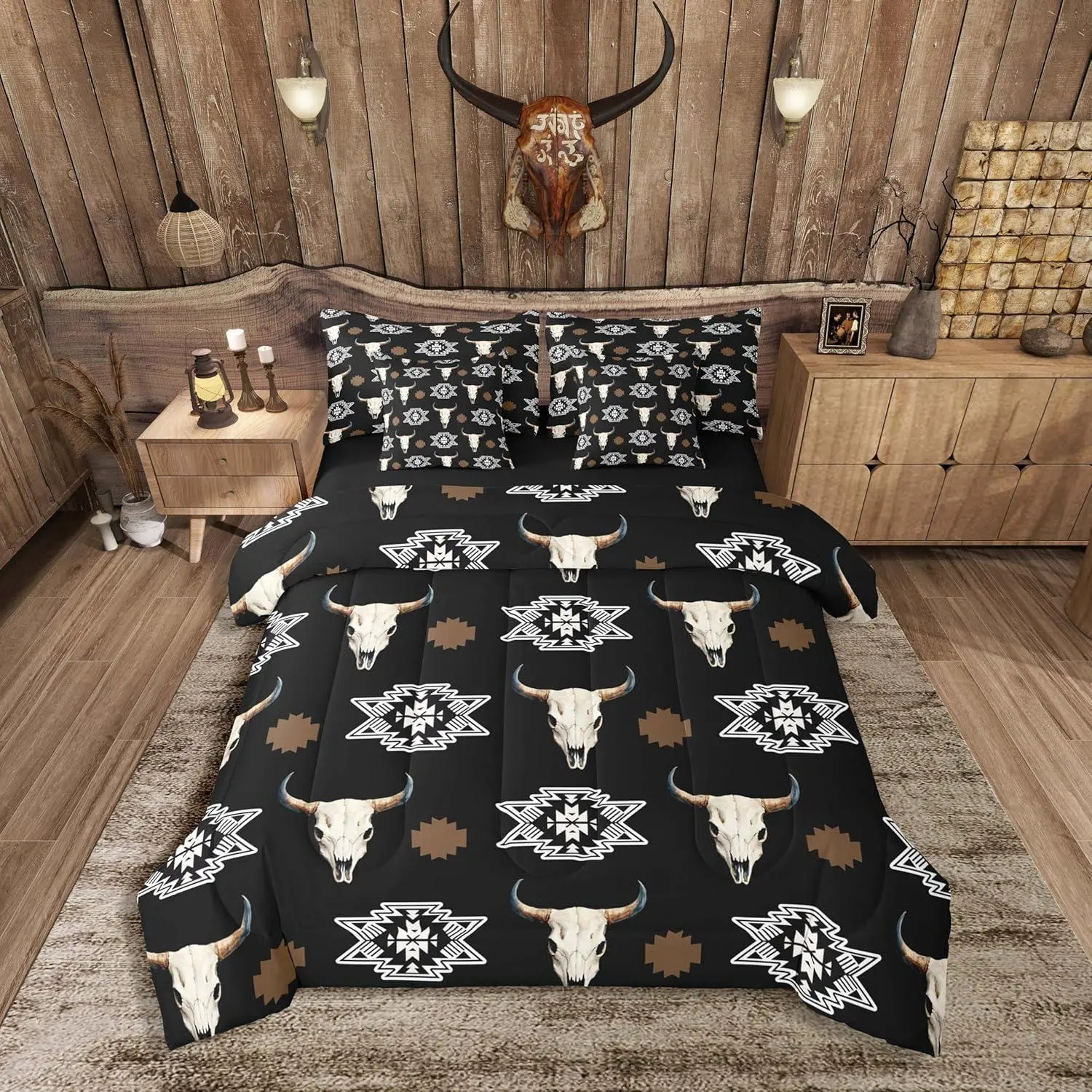 Black Bull Skull Comforter Set with Sheets Western Aztec Bed in a Bag Southwestern Bohemian Boho Wild Cowboy Tribal Rustic 7 Pieces Bedding Set Soft Room Decor