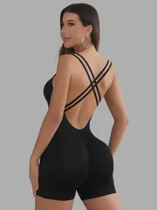 Women's Sexy One-Piece Yoga Bodysuit, Backless Crisscross Strap Design, Thin Fabric, All-Season Fitness Wear, Comfortable & Stylish Workout Jumpsuit