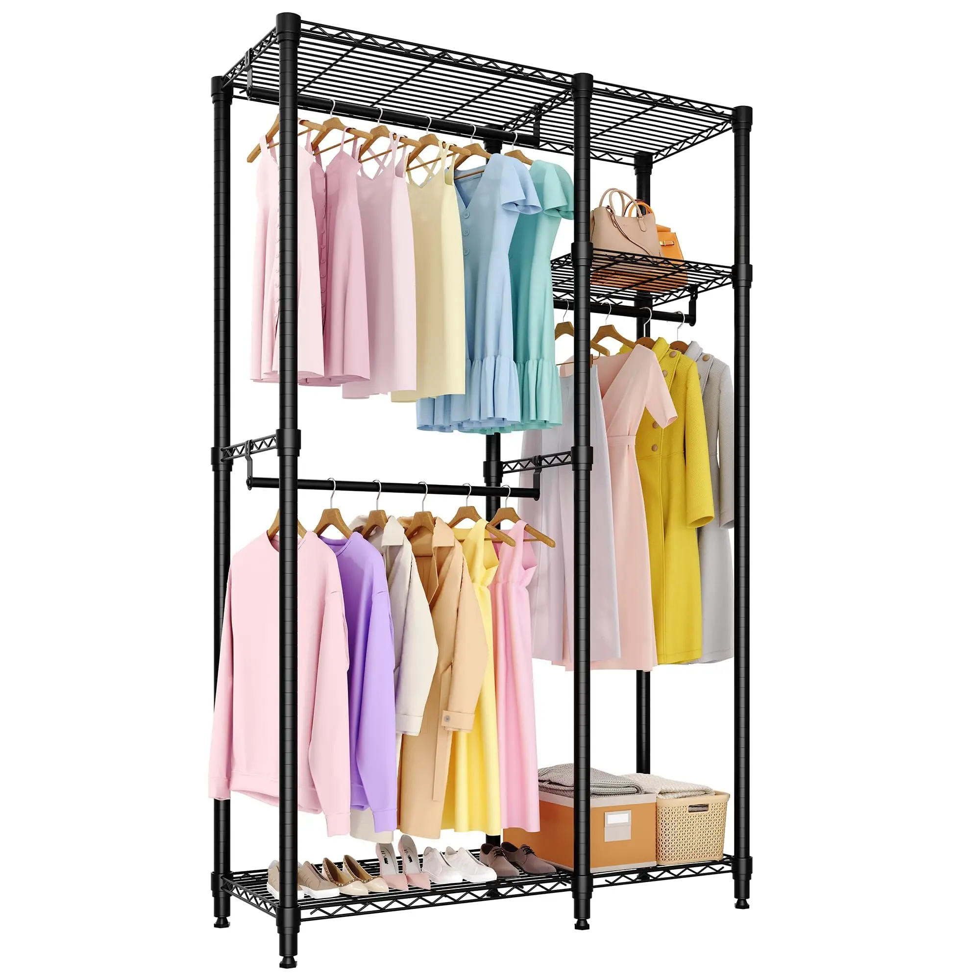 Garvee Freestanding Clothes Rack for Hanging Clothes, Heavy Duty Garment Rack Loads 700LBS with 3 Hanging Rods and Adjustable Wire Shelves, Portable Closet Wardrobe Organizer, 76.5"H x 41.6"L x 15.5"W, Black