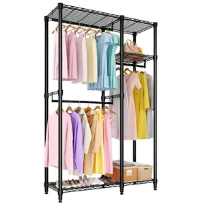Garvee Freestanding Clothes Rack for Hanging Clothes, Heavy Duty Garment Rack Loads 700LBS with 3 Hanging Rods and Adjustable Wire Shelves, Portable Closet Wardrobe Organizer, 76.5"H x 41.6"L x 15.5"W, Black