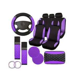 Women-Specific 17-Piece Car Interior Upgrade Set: Polyester Seat Covers + Puff PU Leather Steering Wheel Cover, Including Armrest Pad Cover, Shoulder Pads, Cup Pads & Decorative Rings – Full Interior Protection & Decoration Set