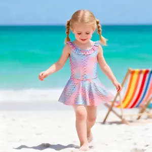 Kids Mermaid Scales Swimwear Toddler Girl Ruffle Skirt One Piece Swimsuit Bathing Suit for Beach Pool