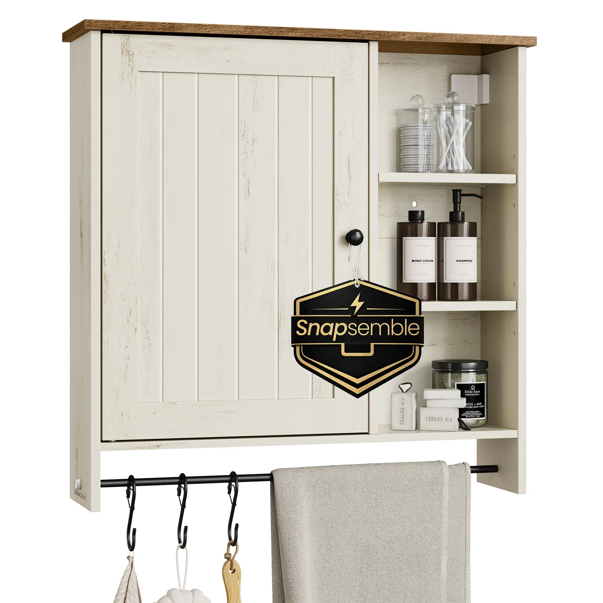 SONGMICS MDF Bathroom Wall Cabinet - Snapsemble Superfast Assembly Over-the-Toilet Storage Cupboard, Adjustable Shelves & Hooks Bathroom Furniture, Bath Storage Solutions for Kitchen/Pantry, Bathroom Storage Cupboard