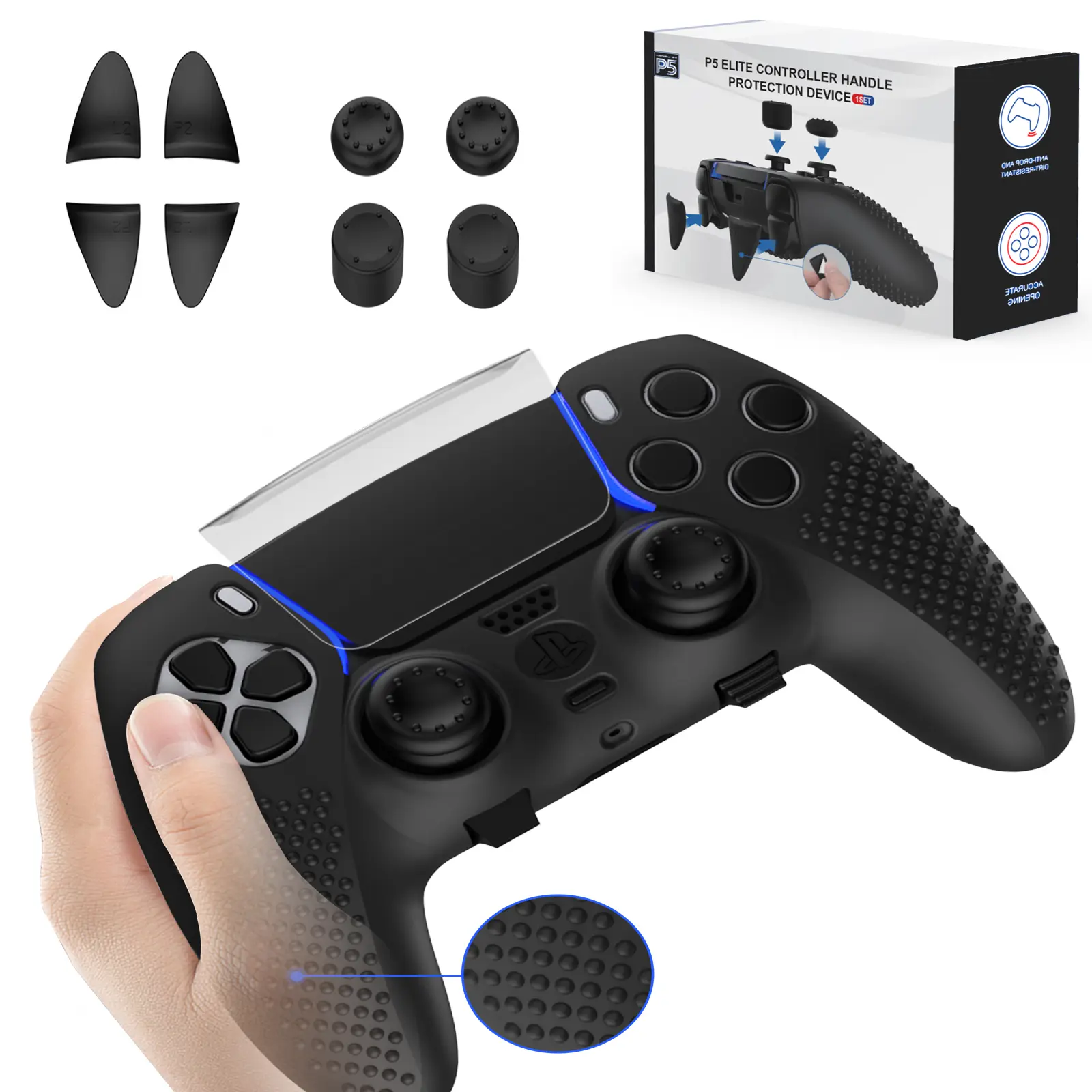 Protective Cover for PlayStation 5 edge, 4 Thumb Caps for DualSense Edge, 4 Triggers Extenders for DualSense, and 1 Touchpad Sticker