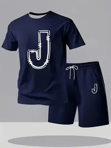 Men's Casual Fashion Set Includes Short Sleeve & Shorts, Fitted, Solid Color Letter J Pattern, Matching Colors, Perfect for Travel, Menswear