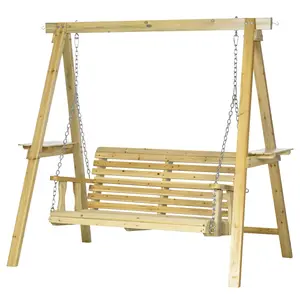 2-Seat Wooden Porch Swing with Stand, Side Tables and Metal Chains, Outdoor Hanging Bench for Garden, Backyard, Natural Wood Patio Swing Chair