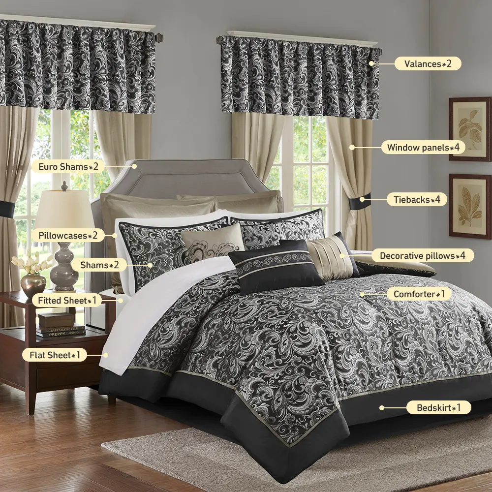 Brystol 8/24 Piece Room in a Bag Faux Silk Comforter Jacquard Paisley Design Matching Curtains Down Alternative All Season Bedding-Set