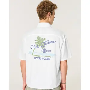 Hollister Boxy Short-Sleeve Linen-Blend Pink Flamingo Moon Graphic Shirt