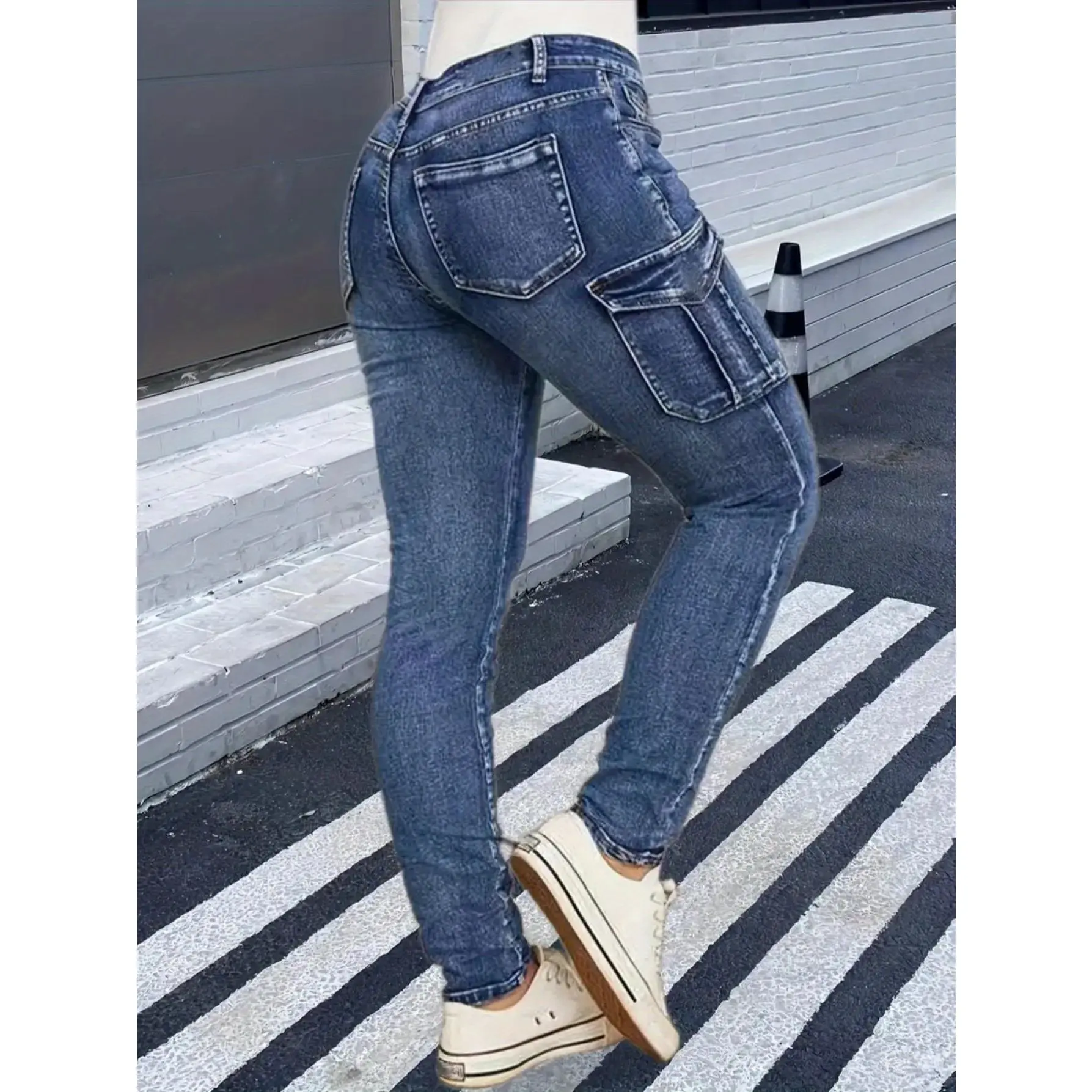 Women's Plus Size High-Rise Slim Jeans, Modest Solid High Stretch Cotton Blend Denim Bottoms with Pockets and Cropped Length, Streetwear, Oversized, Fit, Zipper, Pants, Elastane, Mid Waist, Zip Fly, All Seasons