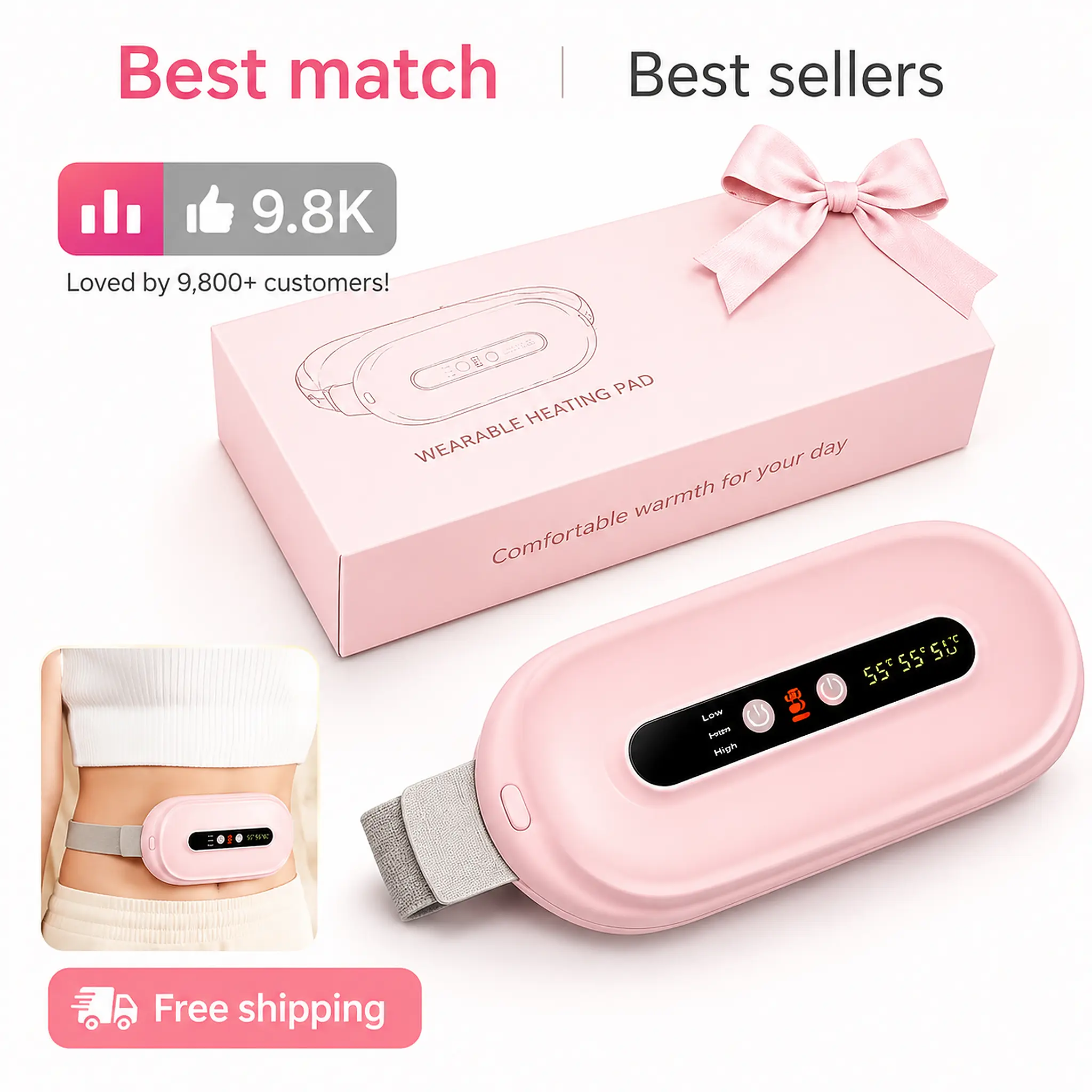 Wireless Portable Warm Waist Belt - Pink Soft Fabric Period Heating Pad, Adjustable Waist Wrap with Auto Shut-Off Timer, Gentle Heat for Menstrual Cramp Relief, Ideal Party Gift for Women