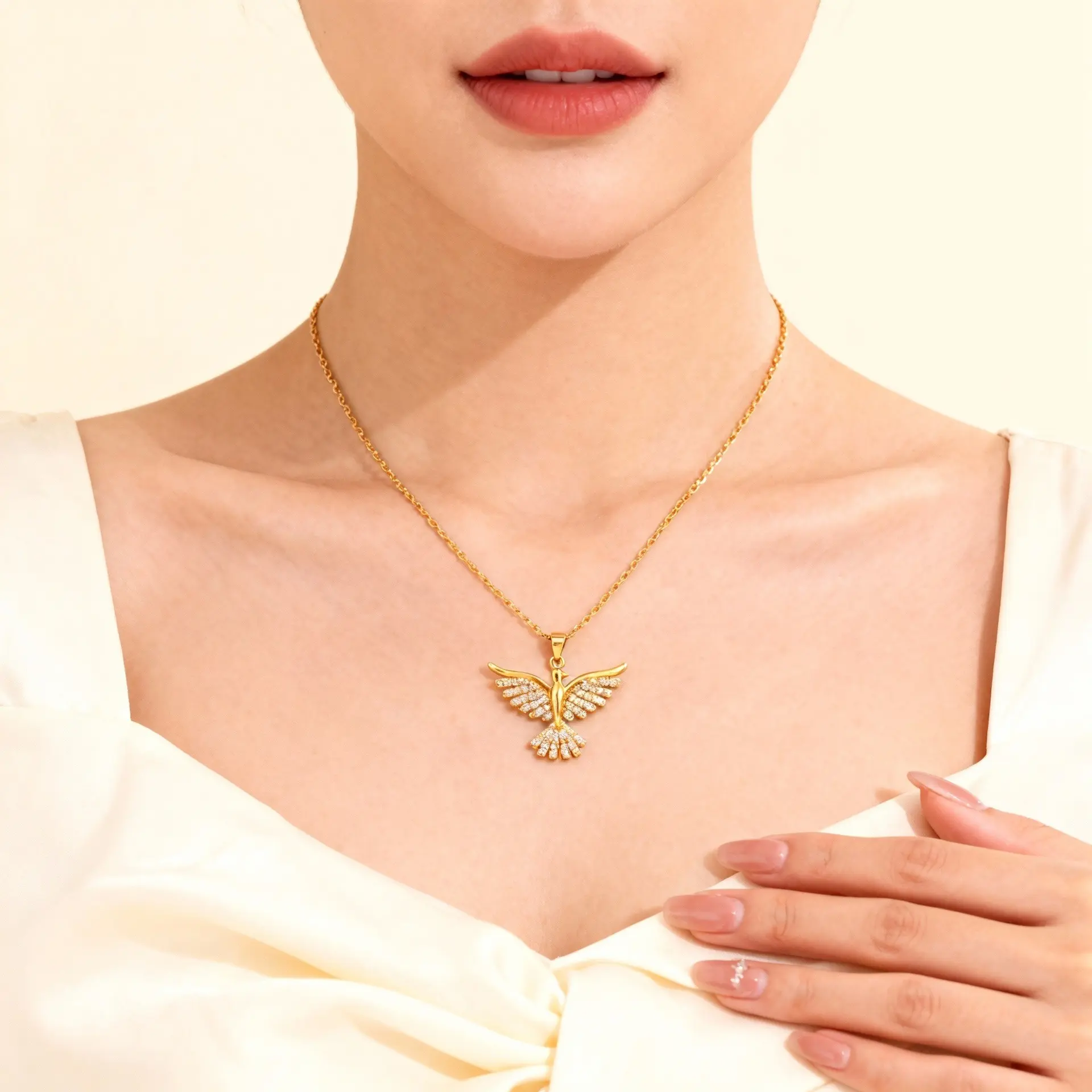 Women's Titanium Steel Necklace: Elaborate Full-Pave Phoenix Pendant – Sophisticated & Distinctive Style