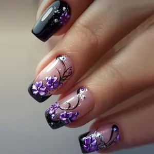 Fashionable Short Floral Artificial Nails, Stylish Galaxy Design for Parties or Daily Wear, Easy to Apply Press-On Nail Art, Flower Nails