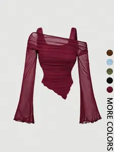 1 Spring Summer Off Shoulder Mesh Crop Top Women | Burgundy Ruched Waist Flared Long Sleeve Asymmetric Top | Y2K Baddie Coquette Style for Date Night Club Party Going Out Wear
