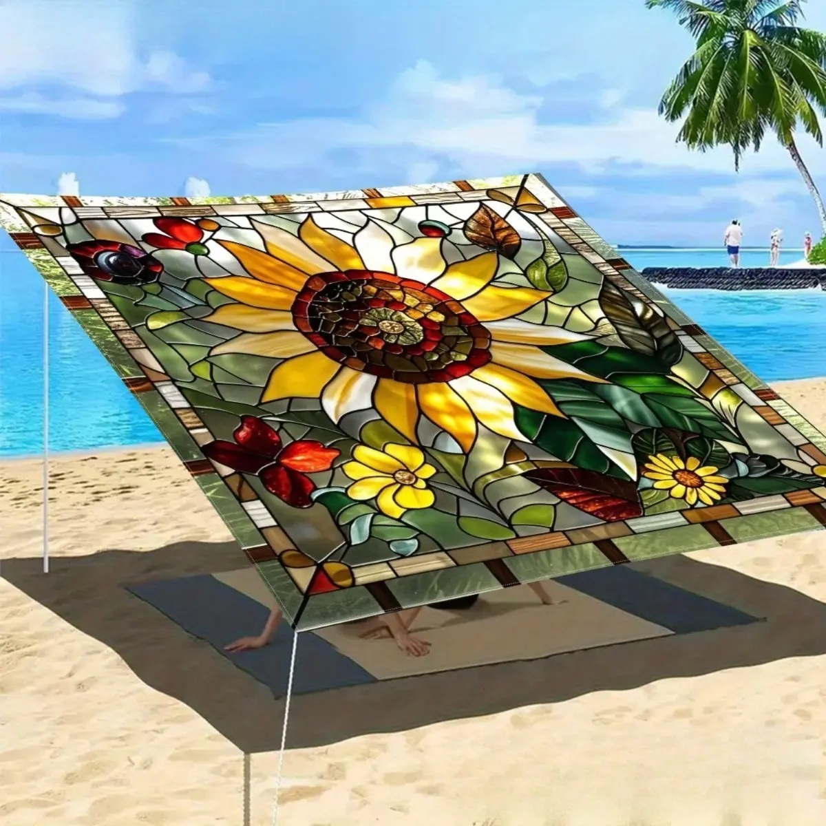 Sunflower Stained Glass Sun Shade Sail Outdoor Canopy Waterproof Fade Resistant UV Protection for Patio Garden Deck