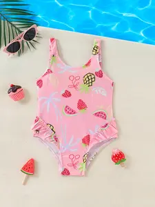 Girls' Fruit Print One-Piece Swimsuit Ruffled Strap Quick-Drying，Perfect Gift Beach Pool Swimming Hot Spring Vacation Swimwear Bathingsuit