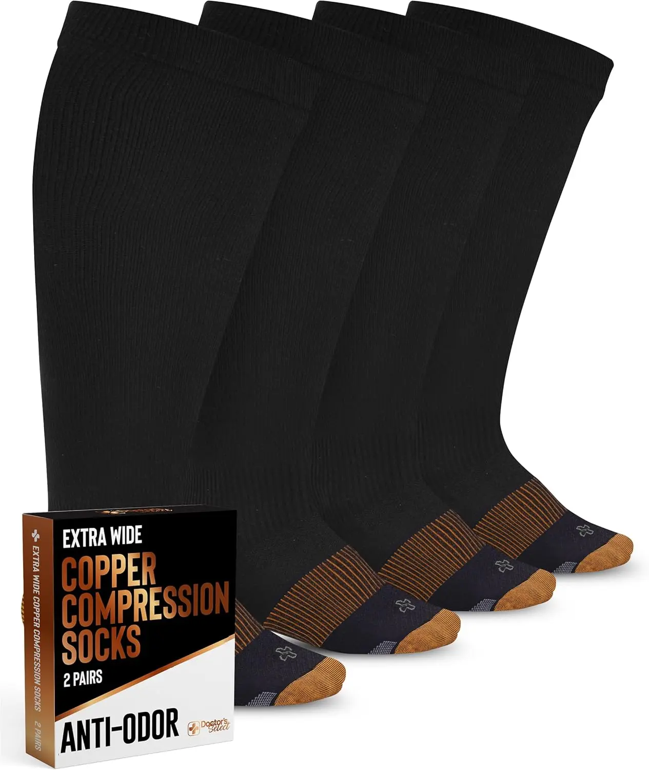 Doctor's Select® Copper Plus Size Compression Socks Wide Calf - 2 Pairs | 20-30mmHg Extra Wide Calf Compression Socks Women Copper for Swelling, Varicose Veins | Black