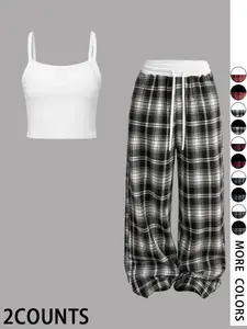 Vintage Plaid Colorblock Belted Wide Leg Pants Set, Casual Crop Top and Loose Drawstring Long Pants, Y2K Streetwear, Comfortable Home Wear, Womenswear