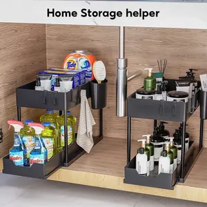 2 Pcs Under Sink Organizers and Storage, 2-Tier Sliding Cabinet Basket Organizer with Hooks, Multi-Purpose Under Sink Organizers and Storage for Bathroom Kitchen Racks Racks,   2025 Dealsforyoudays