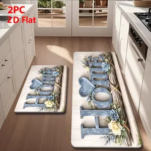 2/3pcs Soft Flannel Kitchen Mat Set, Blue Wood Grain Base, Heart & Flower Design, Non-Slip, Absorbent, Home Decor