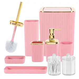 Bathroom Accessories Set,9 Piece White/Black/Pink Bathroom Sets Complete With Toothbrush Holder, Trash Can, Lotion Soap Dispenser, Toothbrush Cup, Vanity Tray, Soap Dish, Toilet Brush, Qtip Holder For New Home