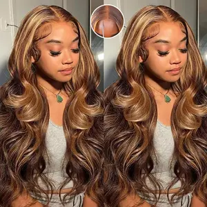 Wear and Go Glueless Wigs Human Hair Pre Plucked Pre Cut Ombre Highlight 4/27 Lace Frontal Wigs Human Hair 8x5 HD Lace Front Wigs Body Wave Honey Blonde Wig 180% Density