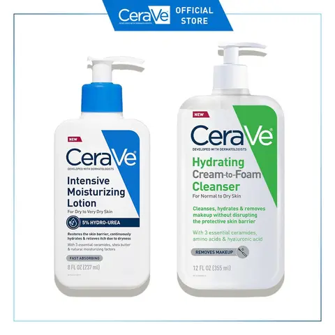 CeraVe Makeup Lover Skincare Duo: CeraVe Hydrating Cream-to-Foam Cleanser (Normal to Dry Skin + Removes Makeup) & NEW CeraVe Intensive Moisturizing Lotion (Dry to Very Dry Skin + 5% Hydro-Urea)