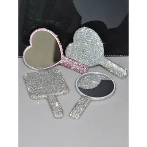1pc Portable Crystal Rhinestone Handheld Mirror, Rhinestone-Encrusted ABS Beauty Handle Makeup Mirror, Bling Bling Princess Mirror For Makeup Touch-Up Best