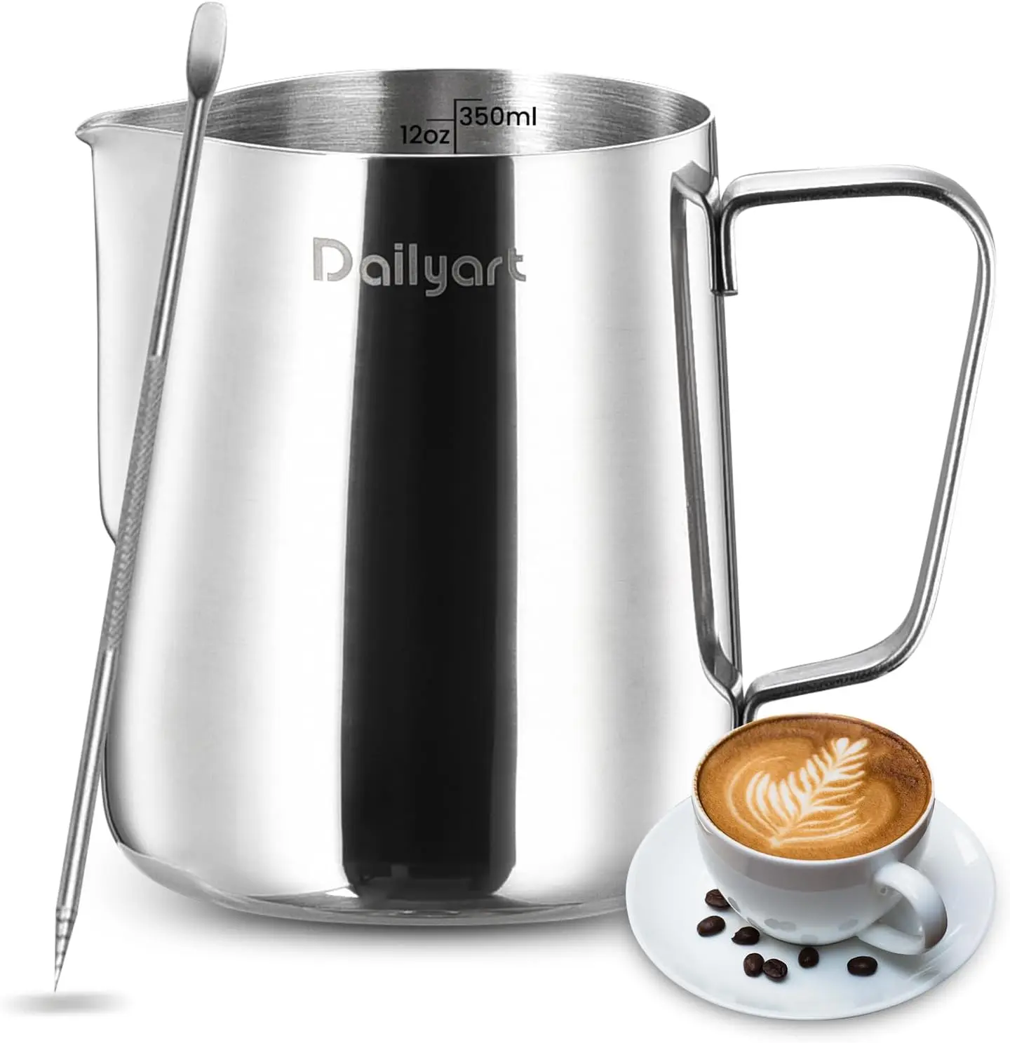Dailyart 12oz Stainless Steel Milk Frothing Pitcher — Steamer Cup with Scale & Latte Art Pen | Espresso Barista Accessories