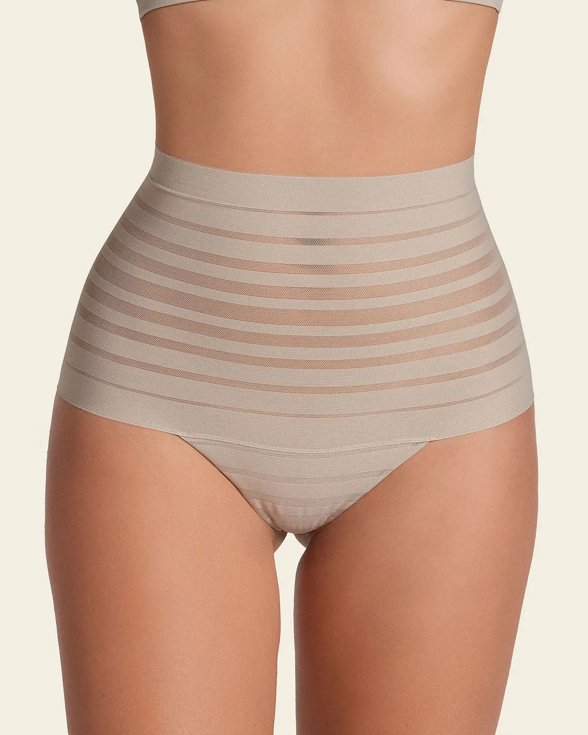 Leonisa UltraStripe Undetectable Slimming Lace Stripe High-Waisted Thong Panty - Stripe Pattern for Smooth Mid-to-Lower Tummy, Seamless & Invisible - Bottom