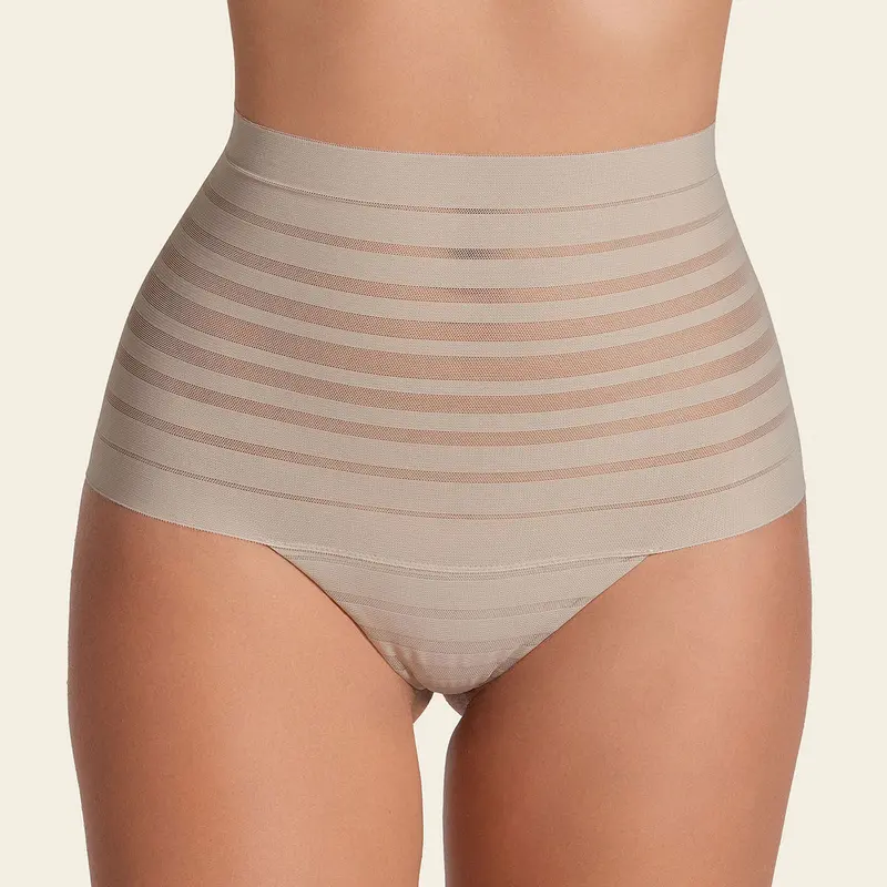 Leonisa UltraStripe Undetectable Slimming Lace Stripe High-Waisted Thong Panty - Light Tummy Control, Seamless & Invisible - Bottom Womenswear