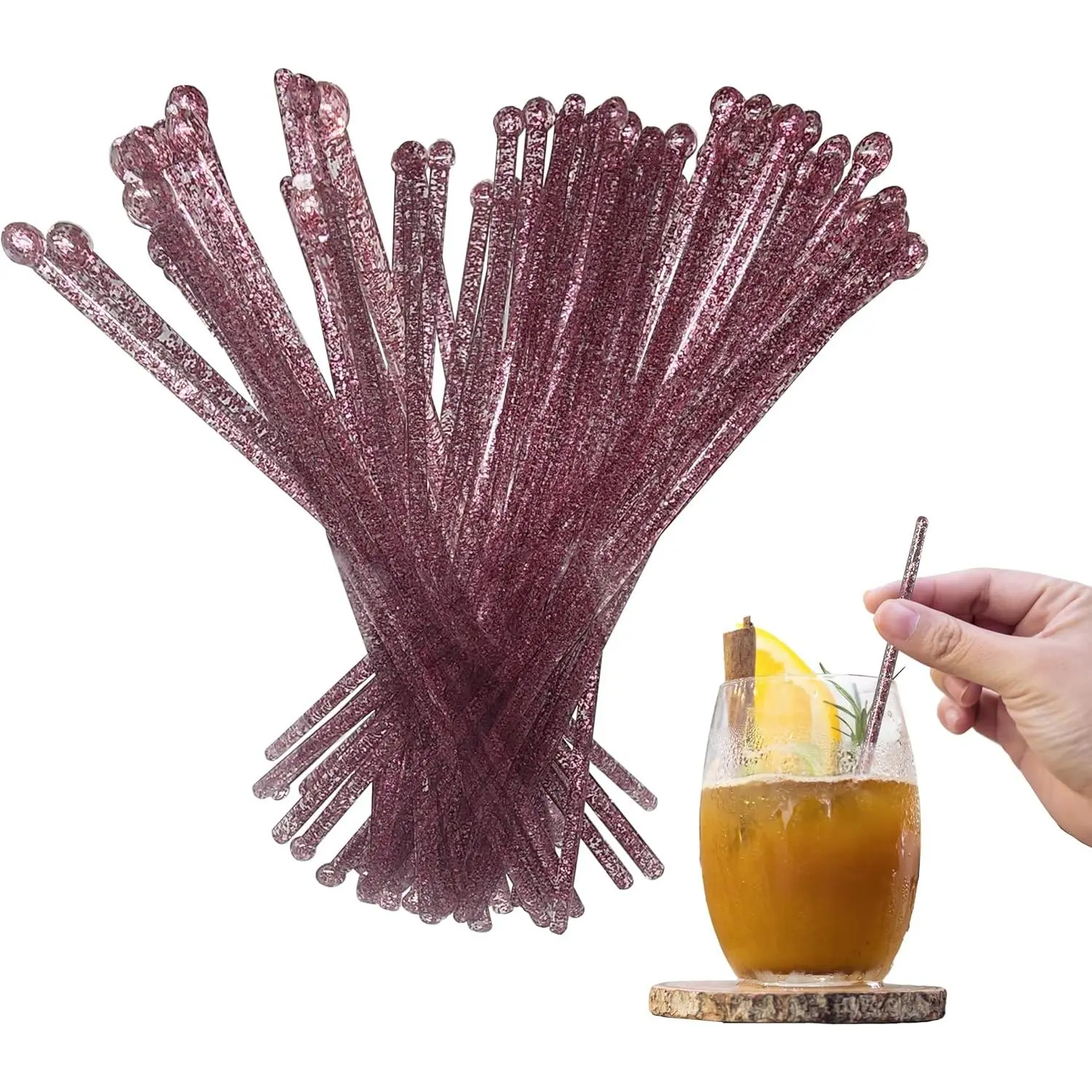 Coffee and Cocktail Stirrers  Reusable Plastic Drink Stirrer Sticks 100 Ball Head Swizzle Use as a Garnish or Cake Pop Stick Restaurant Supplies 6 inch (Pink)