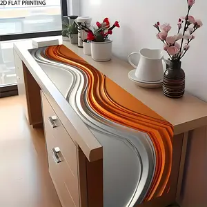 2D flat print, 1 table flag decoration, orange and silver abstract background with wavy lines, anniversary wedding kitchen table decoration, suitable for home, kitchen, outdoor party and restaurant decoration