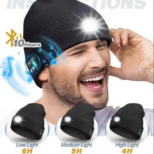 Bluetooth-compatible Light-Up Hat, Unisex USB Rechargeable 4led Flashlight Cap, Wireless Earbuds Included, Christmas Birthday Gift, Outdoor Skull Cap