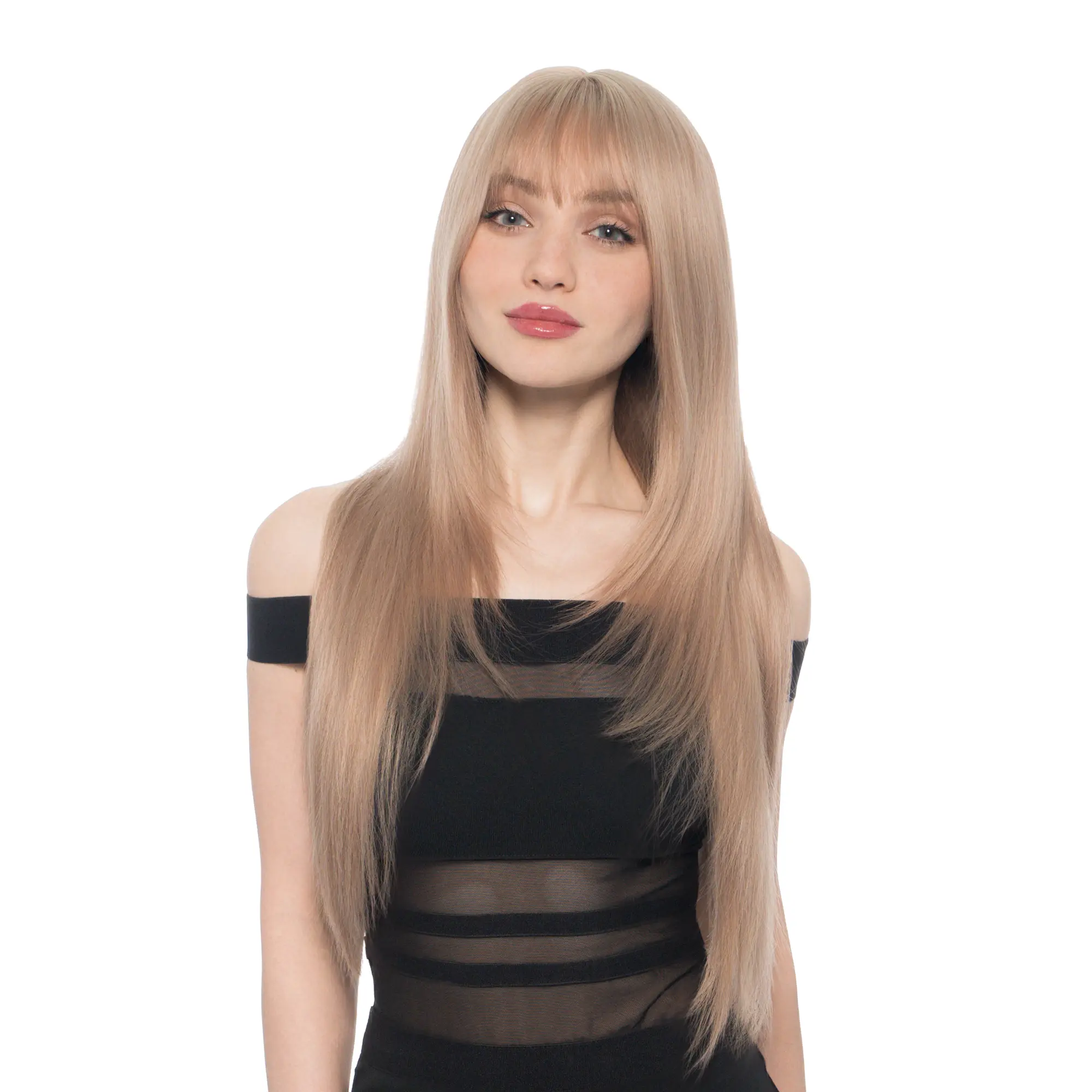 Champagne Crush' 27-inch Rose Gold-tinted Champagne Blonde Layered Straight Cut w/ Fettered Bangs Synthetic Wig | 【Heat Resistant】【Cap Included】 | *Video Exclusive* #video 54FSGB