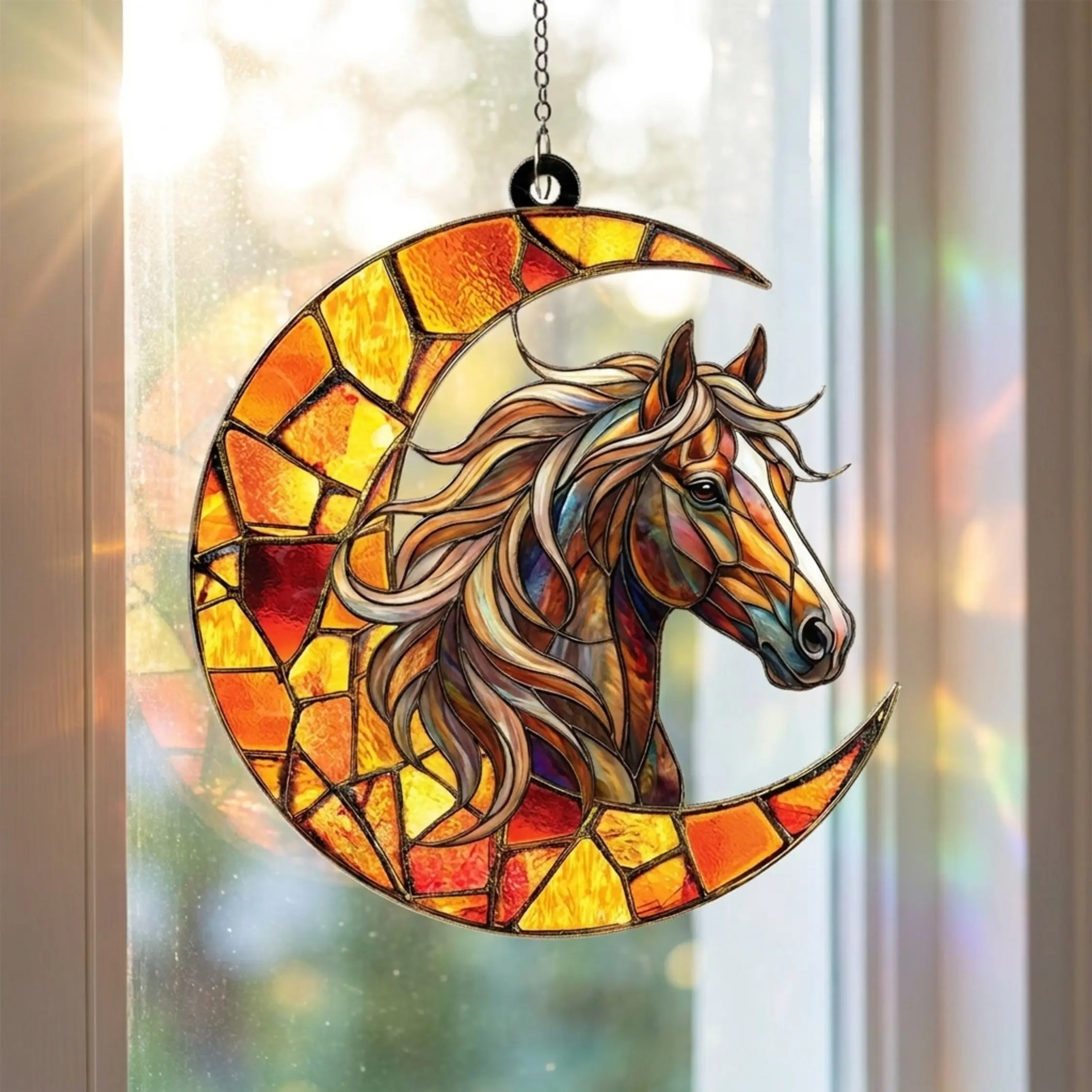 Horse Moon Suncatcher, Crescent Moon Window Hanging, Stained Glass Horse Head Panel, Stallion Sun Catcher.