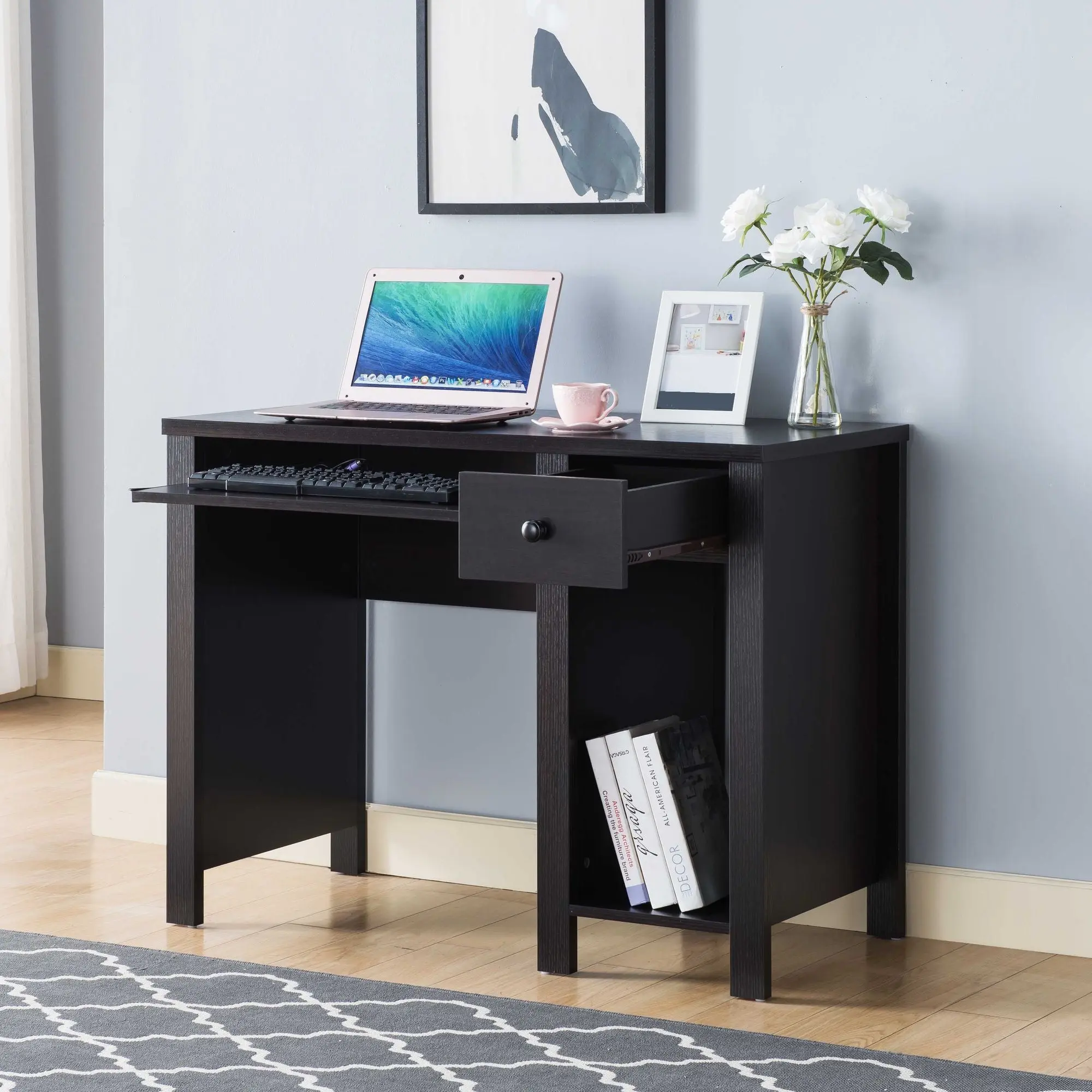 Stylish Red Cocoa Espresso Writing Desk - 39" Compact Laptop Desk with Drawer & Wooden Knob for Home Office
