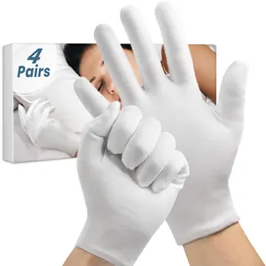4 Pairs White Cotton Gloves for Dry Hands Sleeping, Washable Lotion Eczema Moisturizing Gloves Overnight for Women Men Halloween Wedding Costume, Safety Work Liner for Serving Inspection