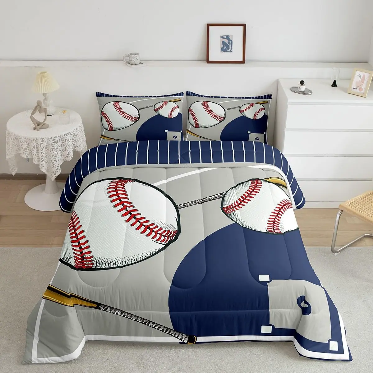Feelyou Baseball Theme Queen Quilt Bedding Set - Breathable Soft Bed Linens, Skin Friendly Blanket, Blue Gray Designer Luxury Sports Duvet Set (Multi-Size Options Available)