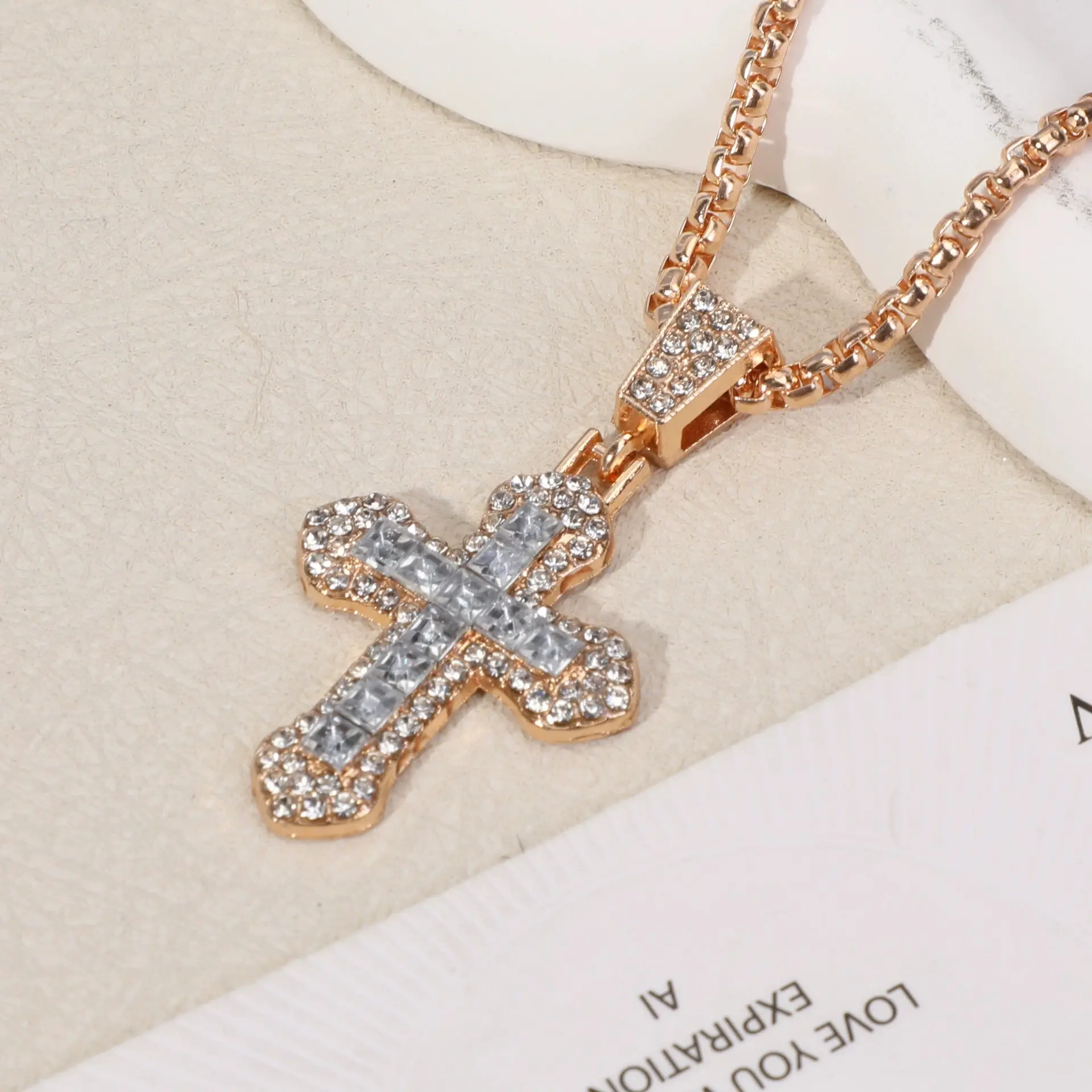 Fully set multicolor zirconia cross pendant necklace — fully inlaid zirconia cross chain, unisex; hip-hop statement jewelry gift