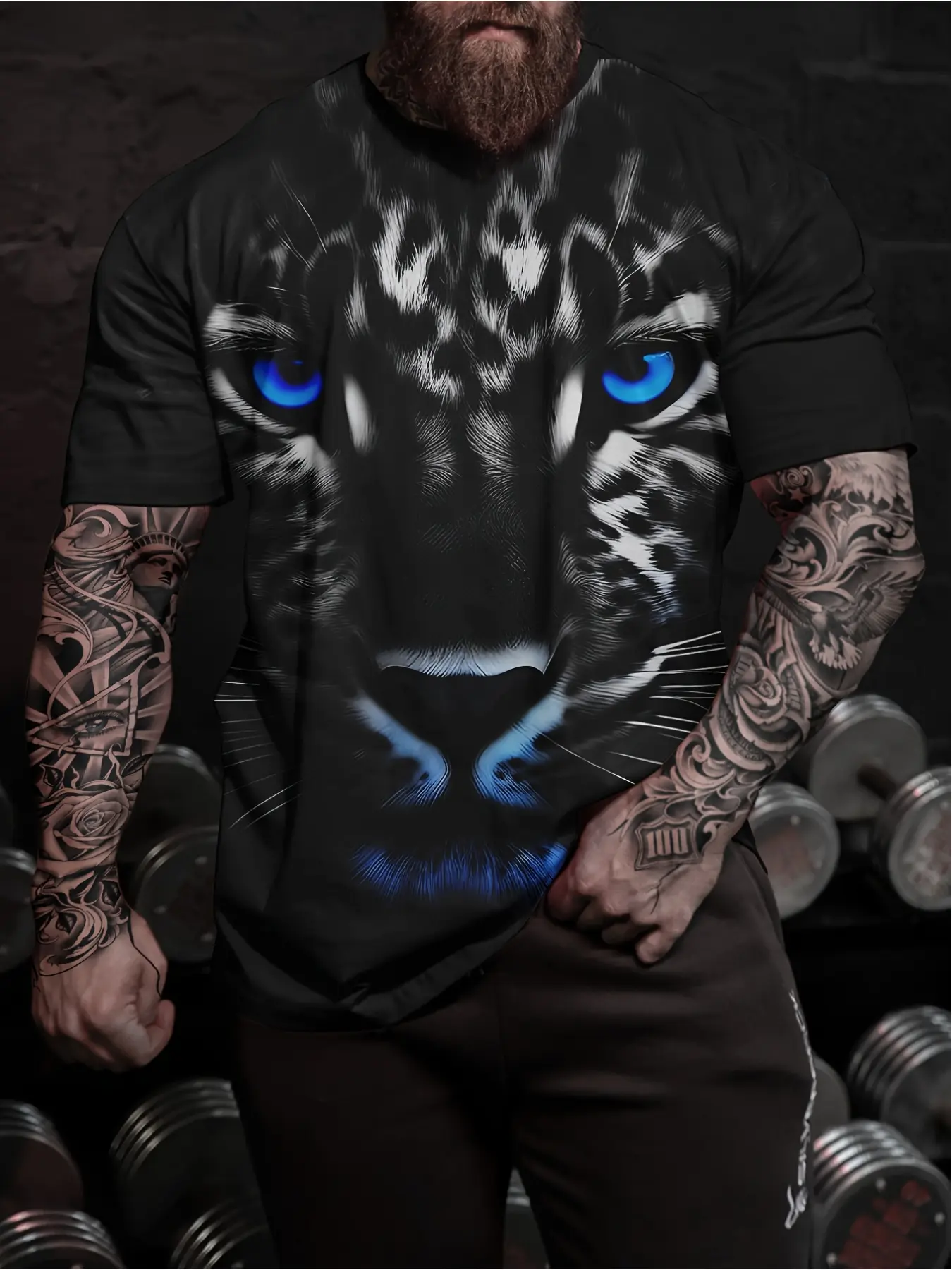 men's casual 3D tiger-pattern T-shirt - short sleeve, round neck, retro street style, Casual Sportswear, Casual sports tops, suitable for summer, outdoor and sports wear, Fun pattern T-shirt, Casual sporty top