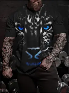 men's casual 3D tiger-pattern T-shirt - short sleeve, round neck, retro street style, Casual Sportswear, Casual sports tops, suitable for summer, outdoor and sports wear, Fun pattern T-shirt
