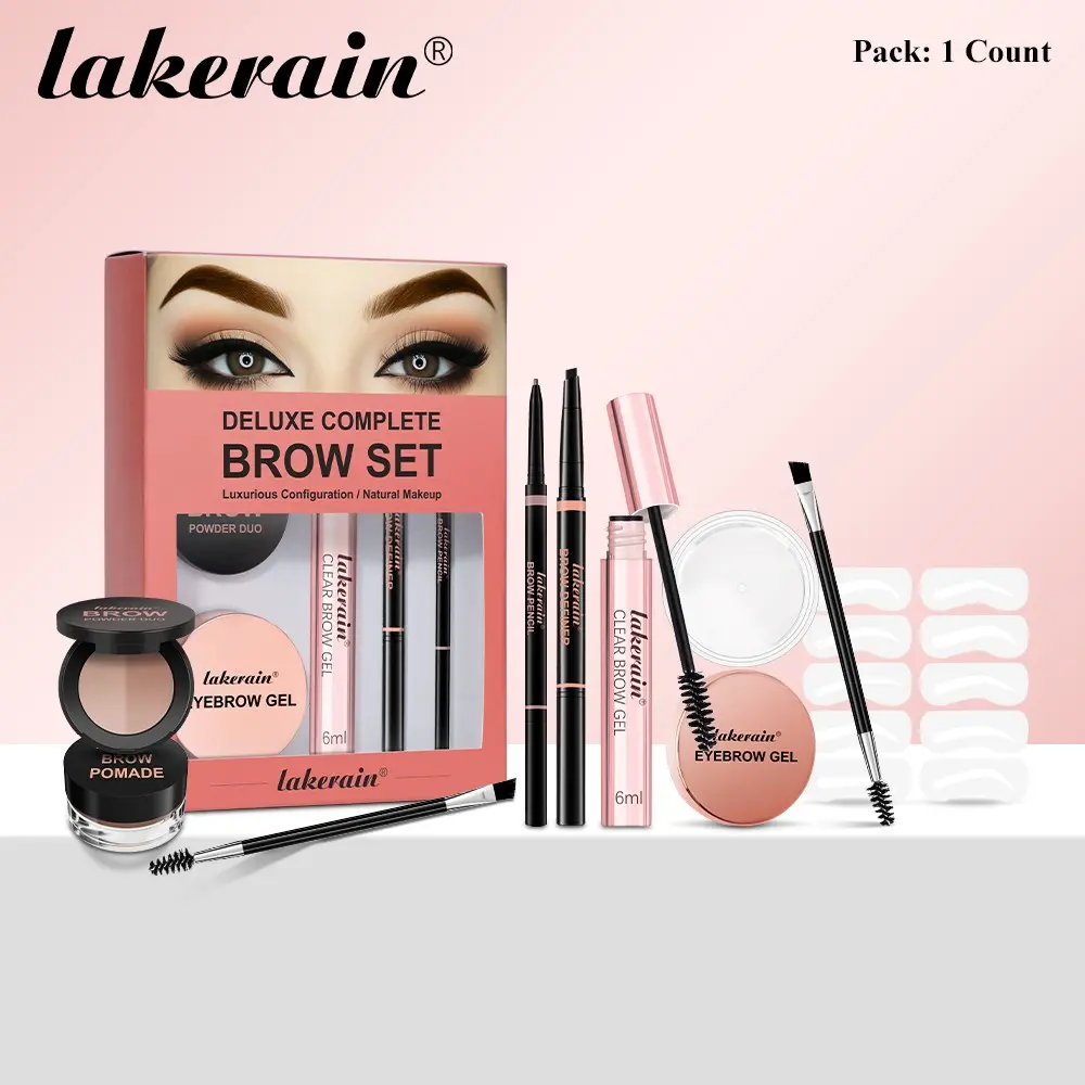 Lakerain 1 Count Deluxe Complete Everyday Brow Set, 6-in-1 Eyebrow Makeup Kit, Eyebrow Makeup Products | Pencil + Powder + Pomade + Glue | Multiple Brow Looks, Ideal for Beginners & Lazy Girls