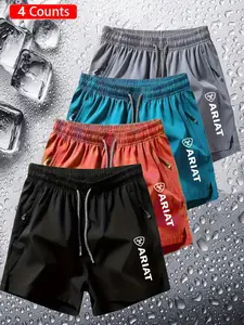 4-Pack Breathable Quick-Dry Shorts, Daily Commute Wear, Trendy Sporty Style, Ariat Simple Letter Print, Loose Fit, Unisex, Sweat Shorts, Athletic Shorts Set