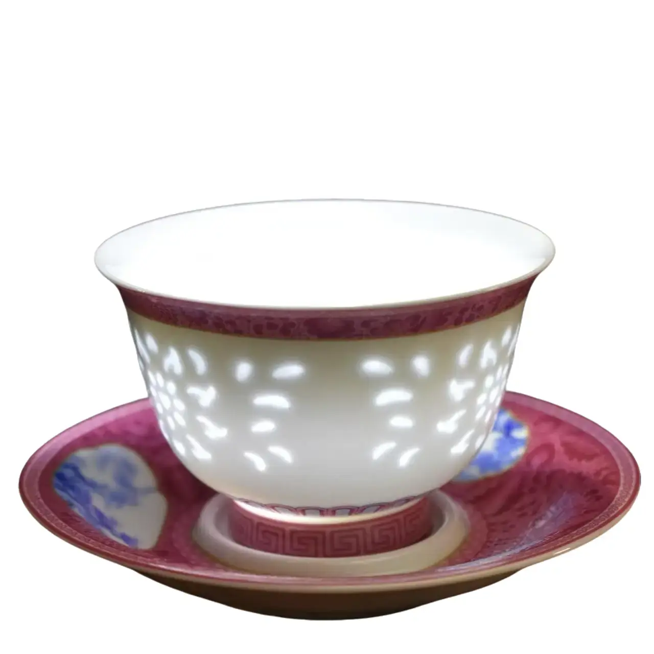 Hand-Painted Traditional Aesthetic 3-Tiered Covered Ceramic Tea Bowl - Carmine-Red Window Design, Blue-And-White Porcelain, Water-Pearl Details, Bamboo Accents, Matching Saucer, Ideal for Tea Brewing, Offers Cultural Warmth, Cleans with Soft Cloth, Easter