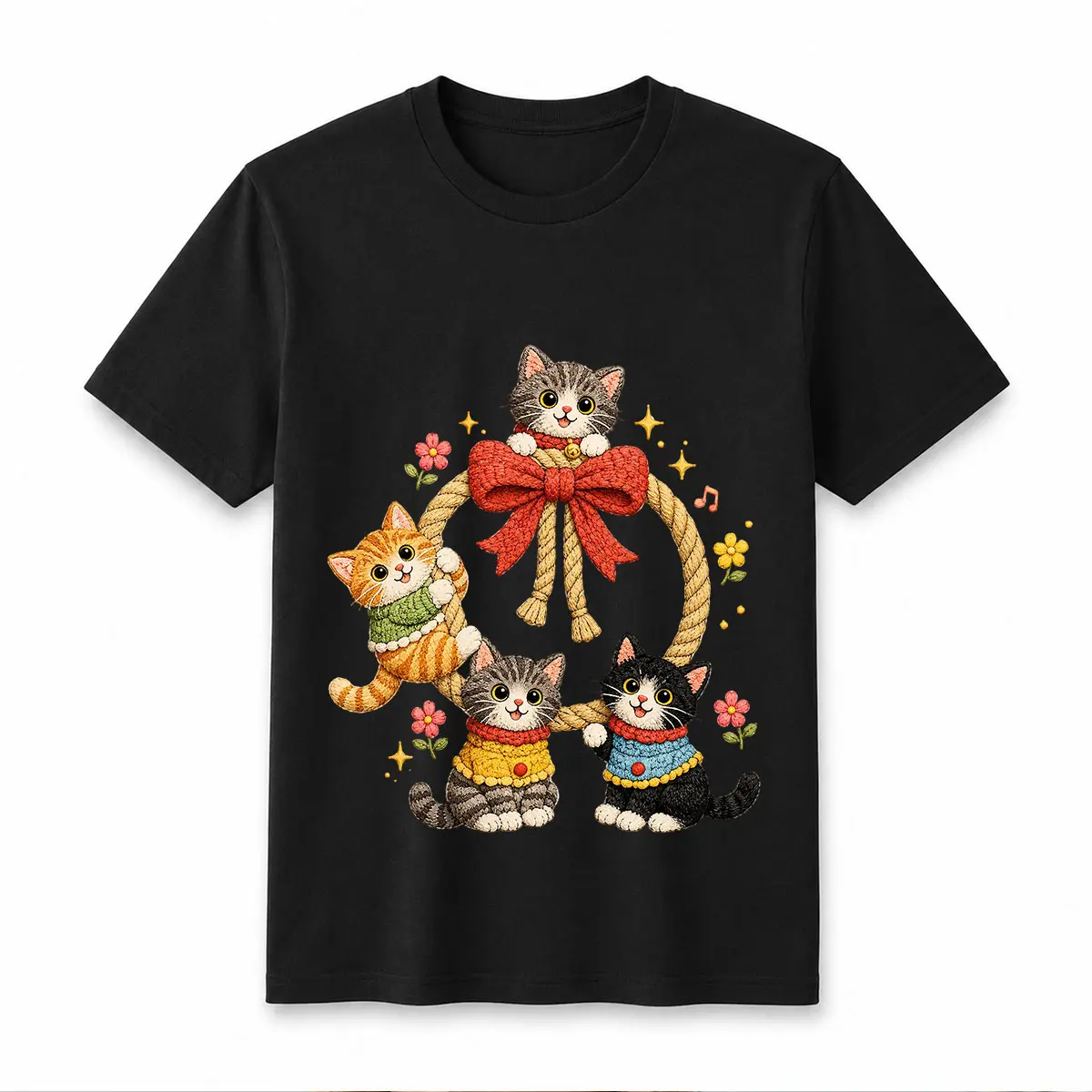 Men's Oversized Loose Combed Cotton Short-Sleeve T-Shirt - Embroidered Cat Floral Graphic, Kawaii Cottagecore Casual Top, Itch-Free Tagless, Flat-Lock Seams, Soft, All Seasons, Day, 2XL, 4XL