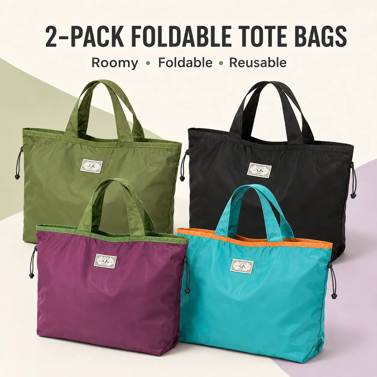2-Pack Solid Color Foldable Portable Shopping Bag for Outdoor Camping, Travel (Home & Party Supplies)