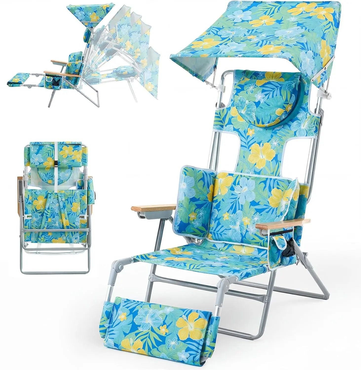 Adult Folding Beach Backpack Chair with Canopy Sun Shade, Footrest, 5-Position Adjustment, Face & Arm Holes, Double Shoulder Straps, Portable for Pool & Beach