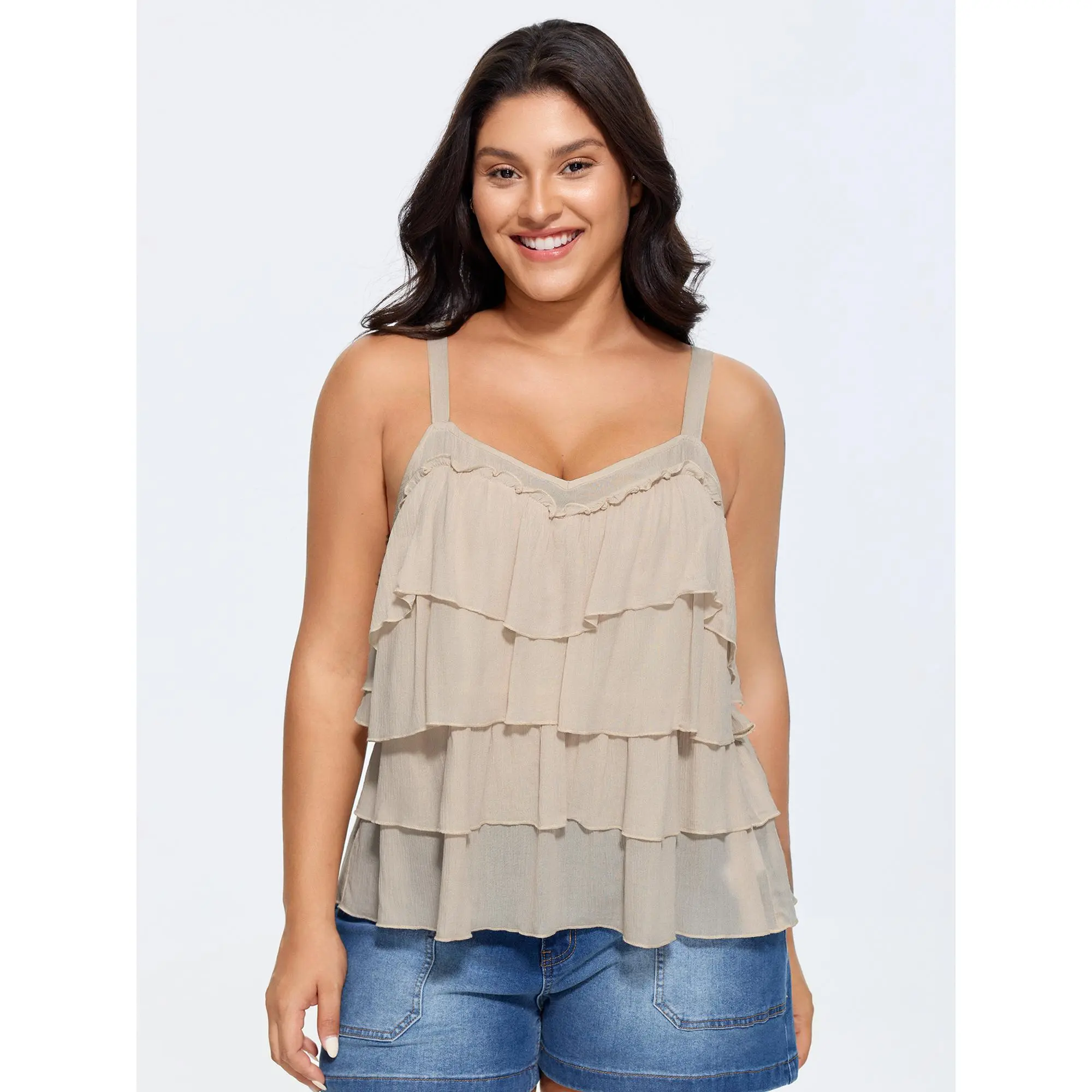 BloomChic Women's Plus Size Tank Top, Casual Solid Pink Sleeveless Top with Ruffled Tiers, Comfy Smooth Rayon Fabric for Everyday Summer Vibes, Basic, Breathable Flow, Flattering Curve, Fit, Simple